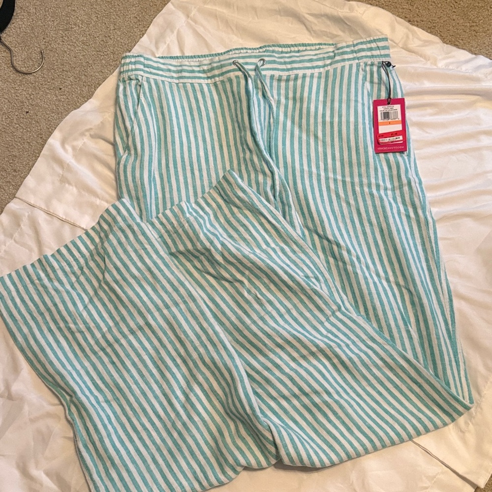 Vince Camuto Turquoise and White Striped Drawstring Linen Pants